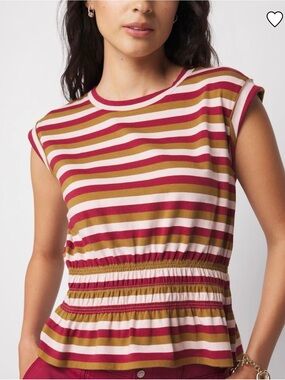 White House Black Market Striped Crewneck Top in Burgundy, Olive & Cream